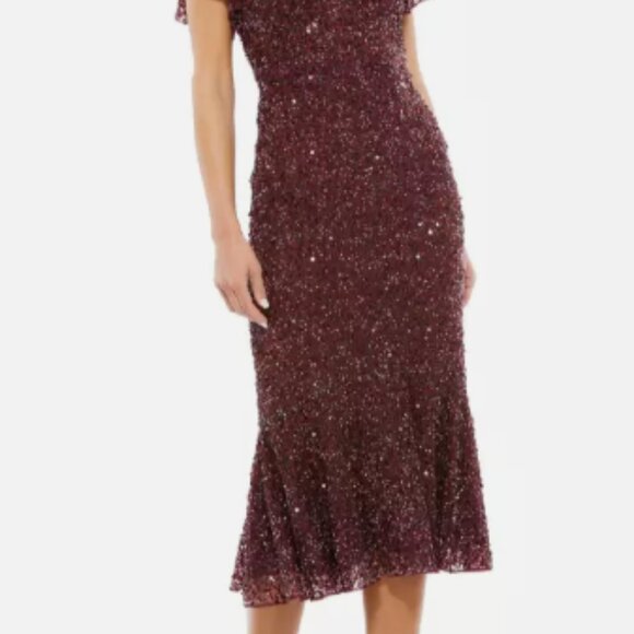 MAC DUGGAL 10801 SEQUINED FLUTTER V-NECK CAP SLEEVE TRUMPET BUGUNDY MIDI DRESS 6 - Picture 4 of 5